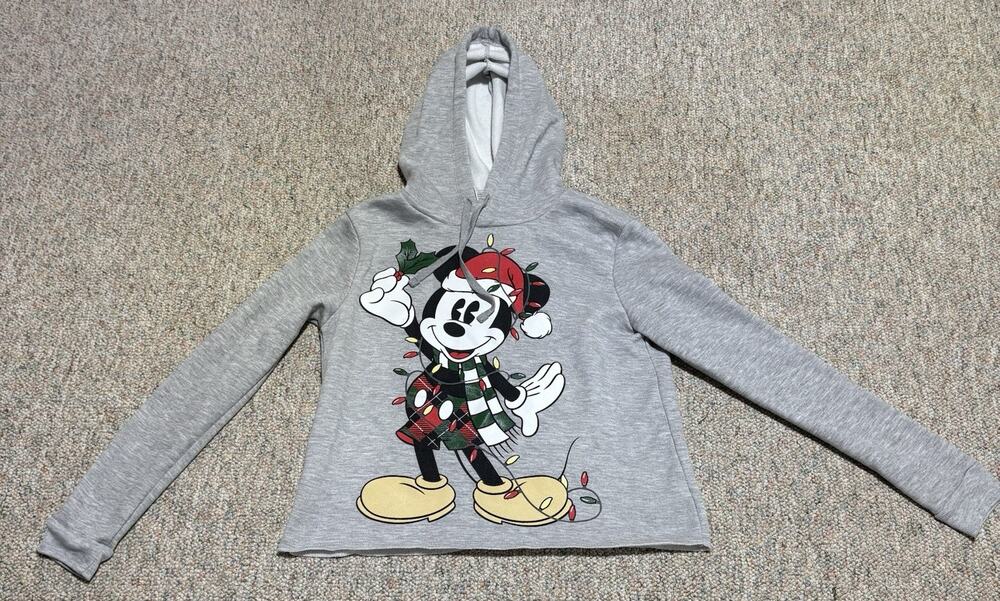 Womens Disney Mickey Mouse Hoodie Gray Wrapped In Christmas Lights Size Large